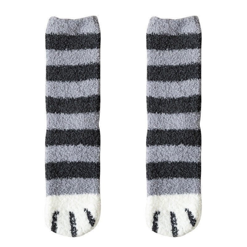 Thick and warm coral-fiber cat paw socks