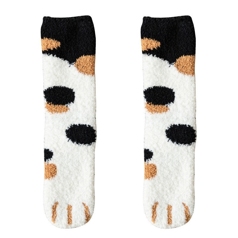 Thick and warm coral-fiber cat paw socks