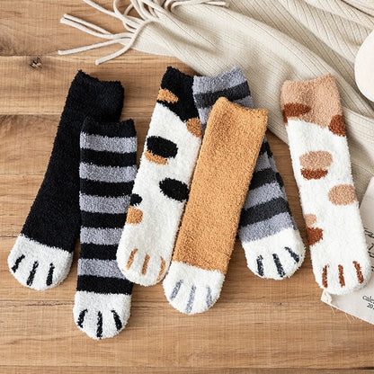 Thick and warm coral-fiber cat paw socks