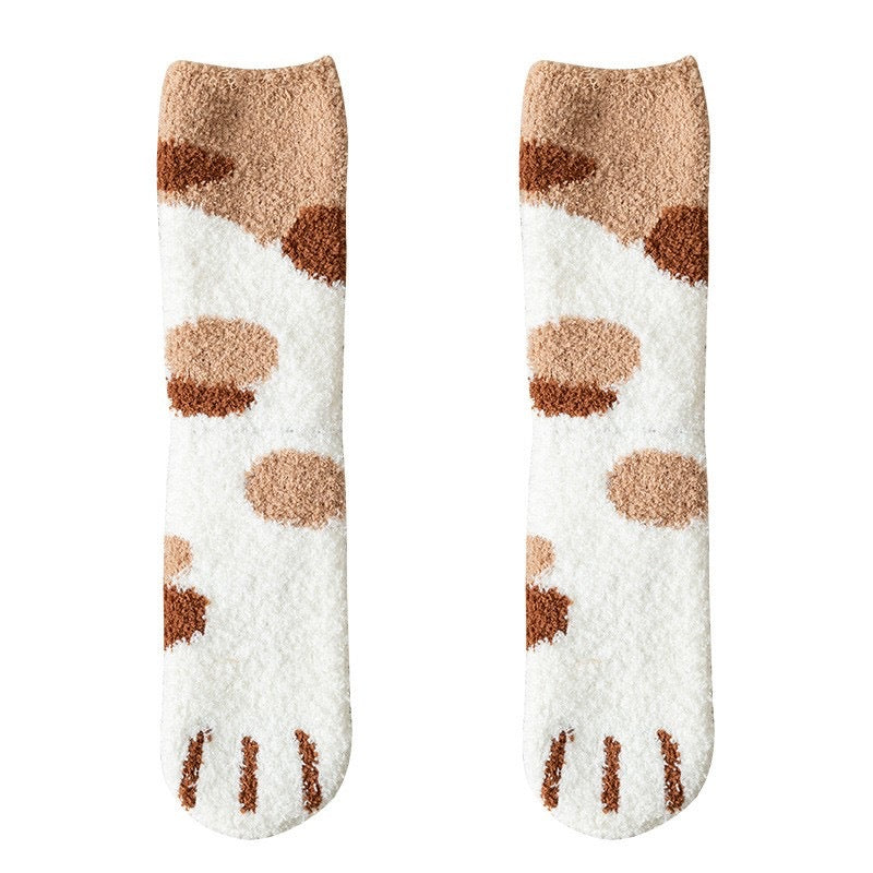 Thick and warm coral-fiber cat paw socks