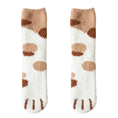 Thick and warm coral-fiber cat paw socks