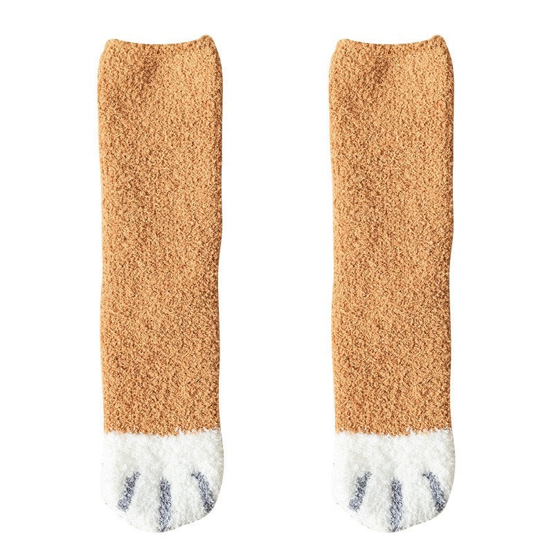 Thick and warm coral-fiber cat paw socks