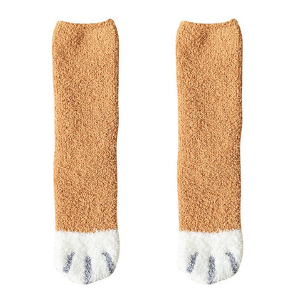 Thick and warm coral-fiber cat paw socks