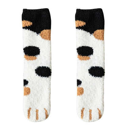 Thick and warm coral-fiber cat paw socks